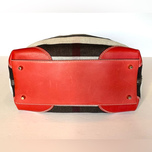 Burberry Maidstone Large Check Canvas Tote Bag Red Leather Trim - Picture 7 of 16